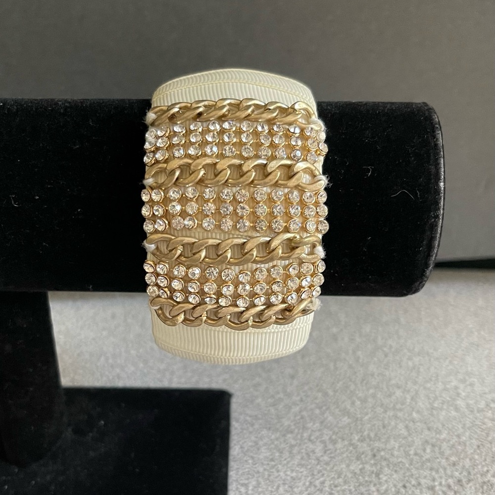 Cream Fabric Bracelet Wrapped With Gold Toned Chains & Clear Rhinestone’s